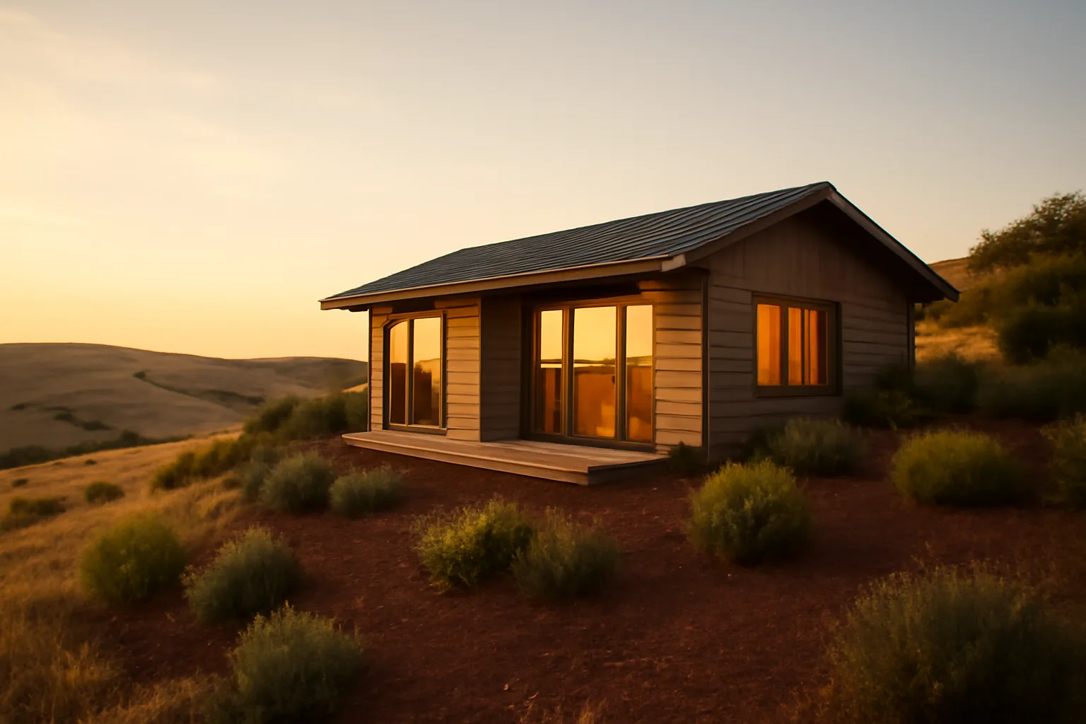 Home with cleared defensible space buffer between house and dry wildland grass