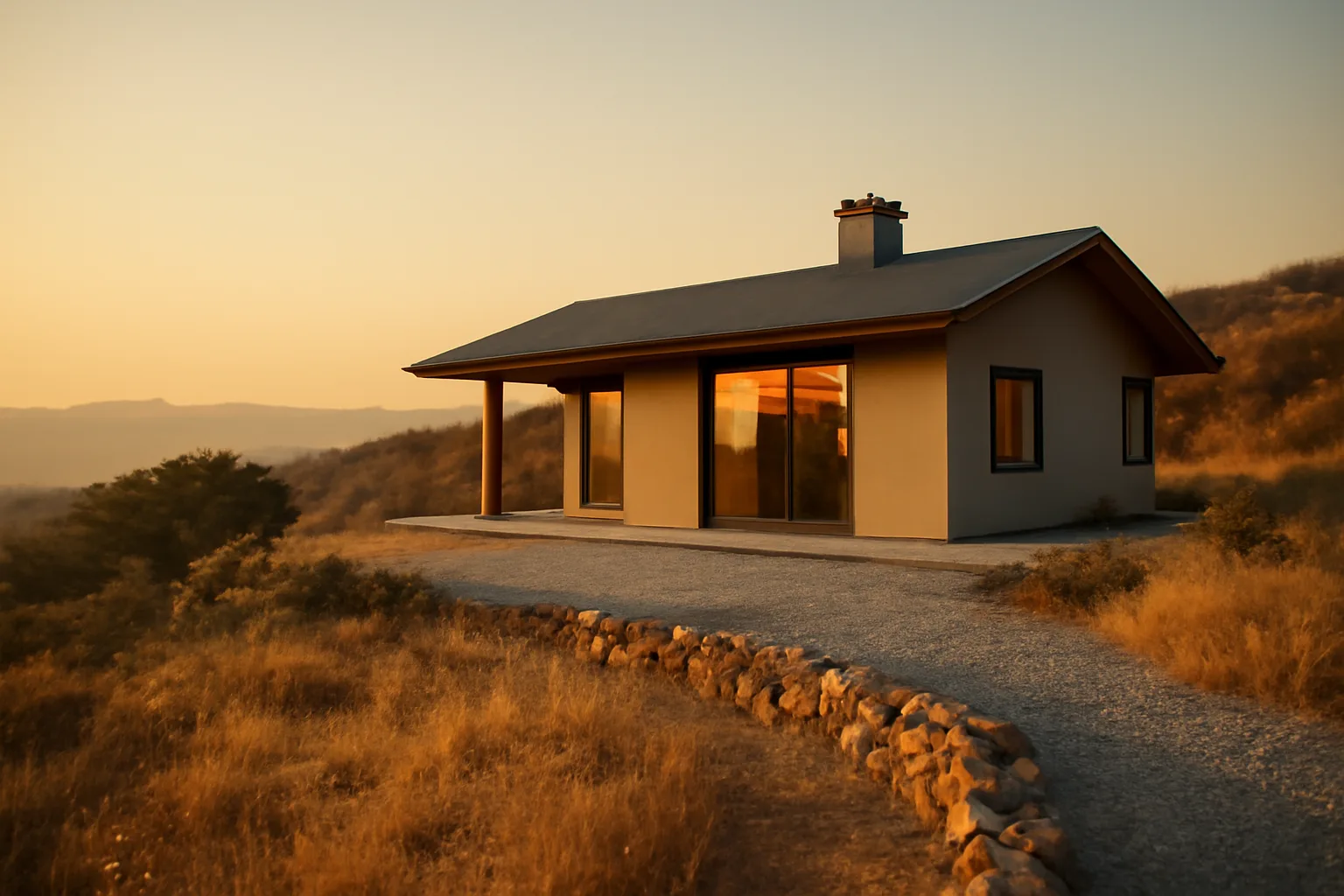 Home with cleared defensible space perimeter against dry hillside brush at dusk