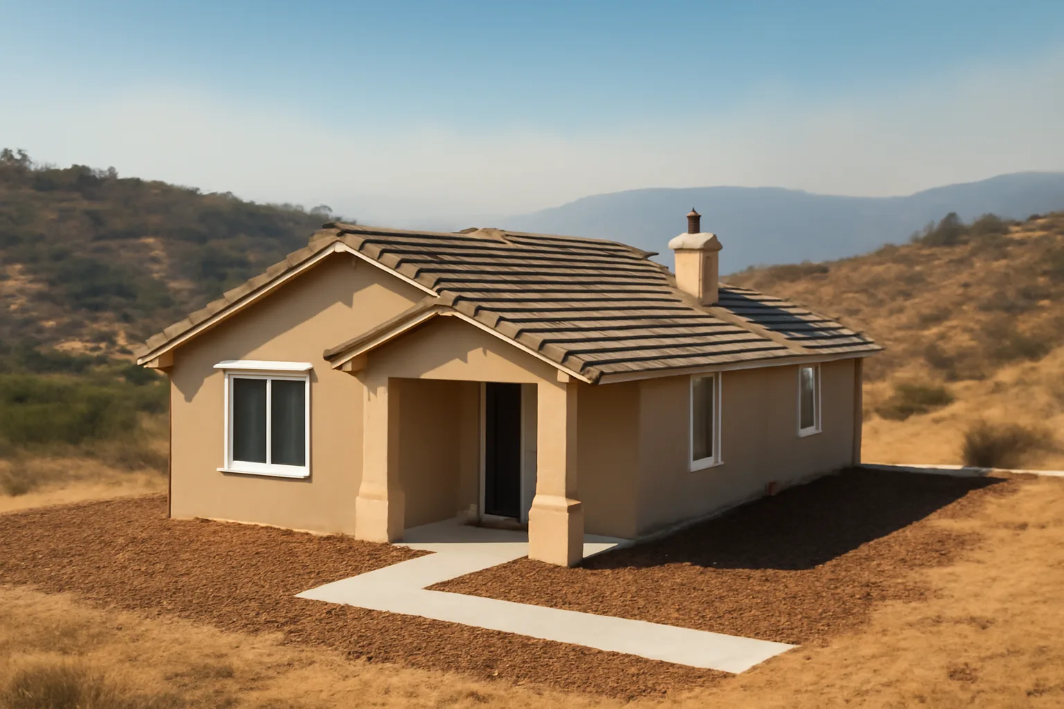 Home with cleared defensible space zone against dry hillside brush and distant wildfire smoke