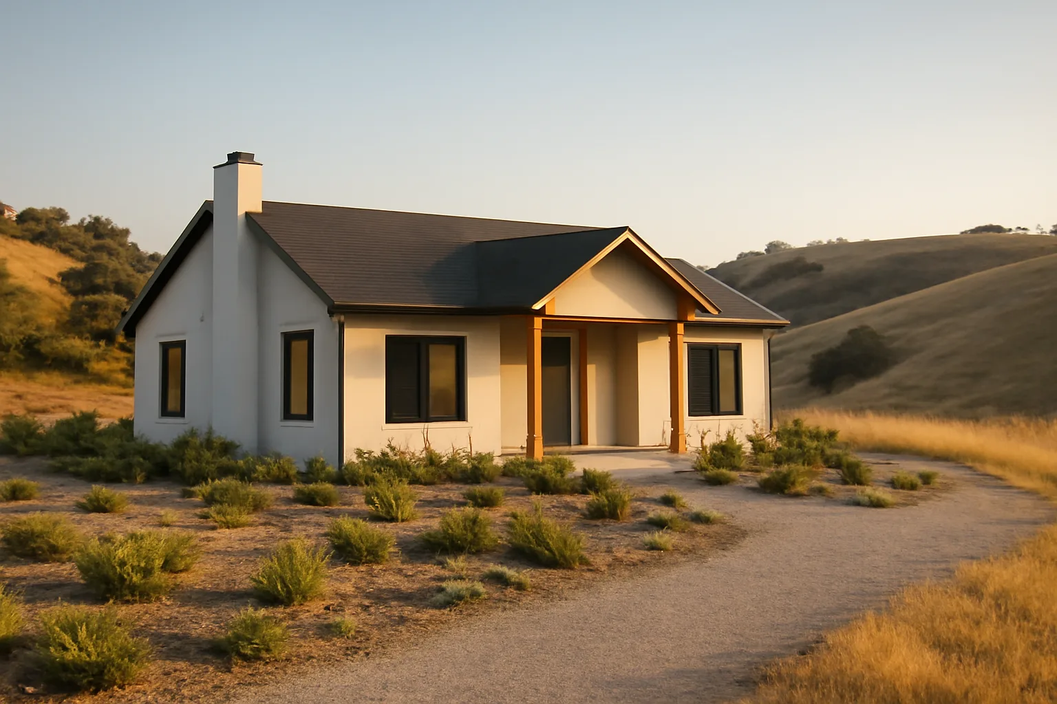 Home with cleared gravel zone meeting dry grass, illustrating California defensible space law