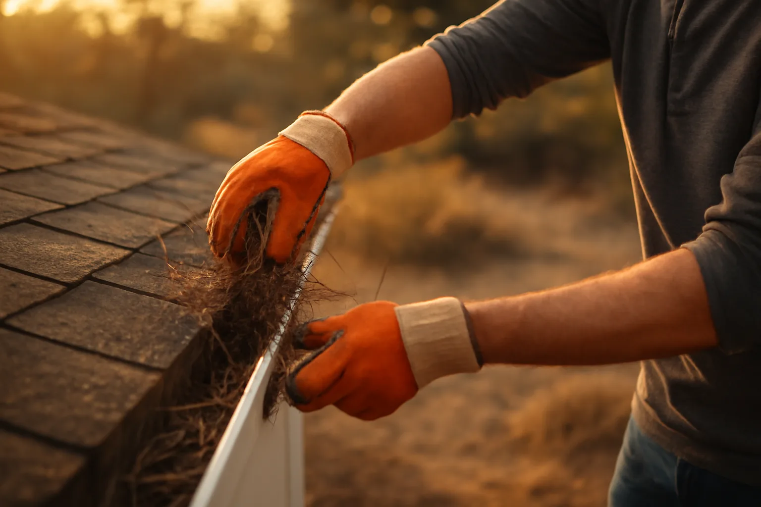 Homeowner clearing gutter debris as part of wildfire mitigation discount hardening work