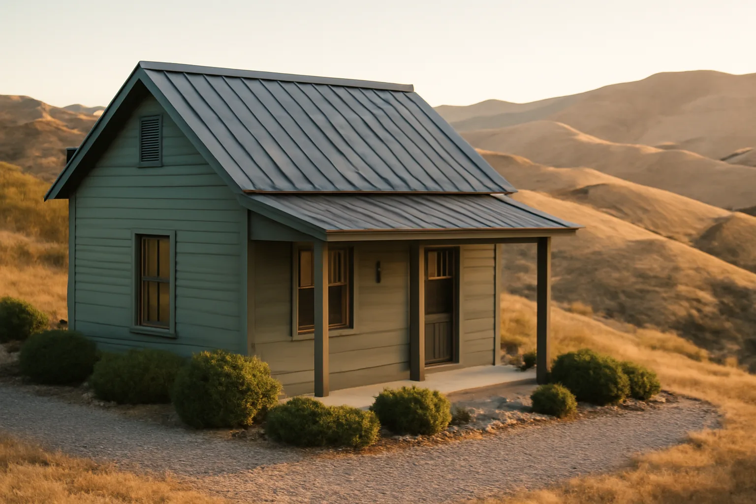 Home with cleared defensible space zone and hardened roof on a dry hillside