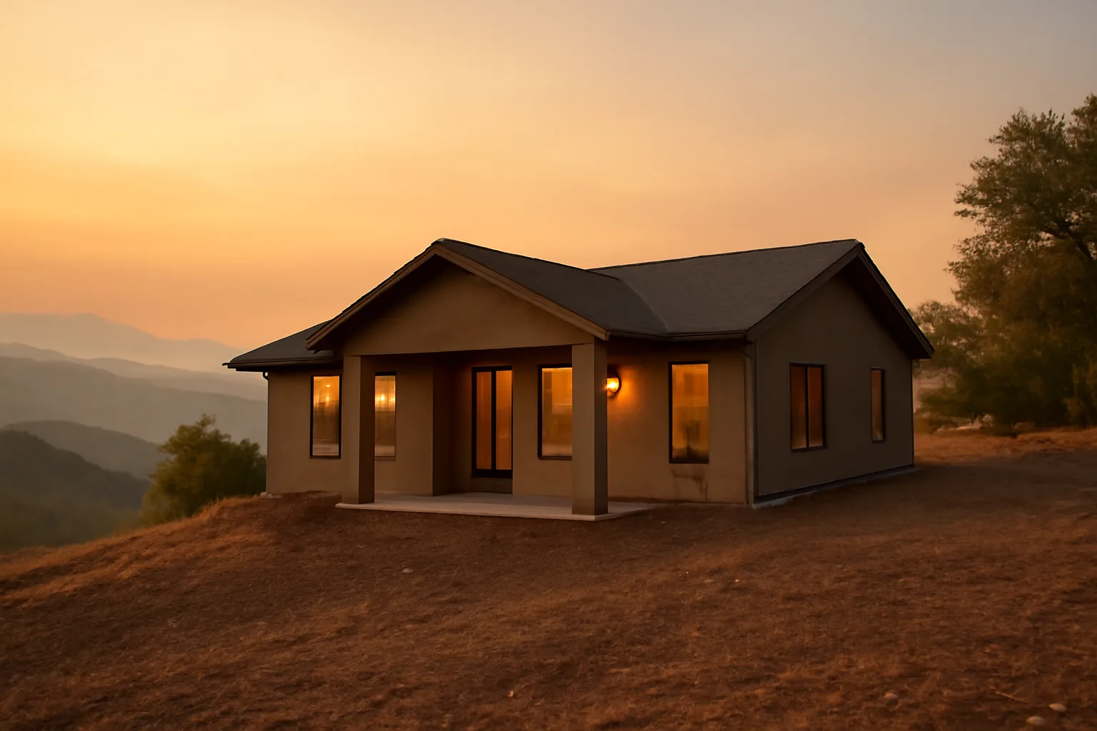 Home with cleared defensible space zone against a smoky wildfire-lit hillside sky
