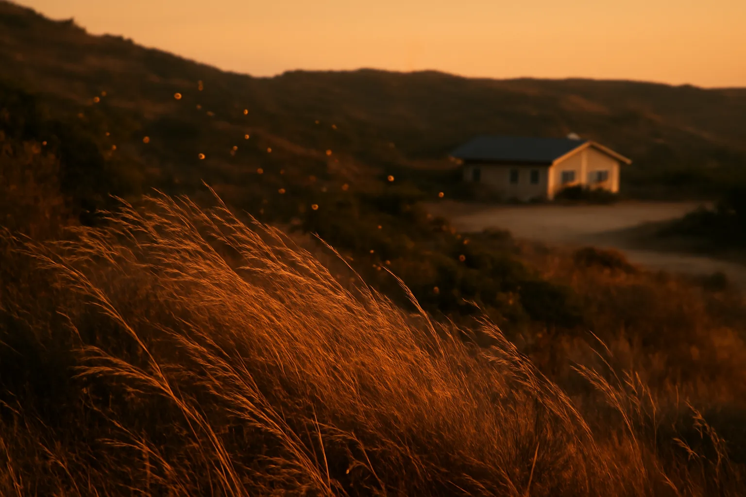 Wind-driven embers blowing across dry hillside brush toward a house at dusk