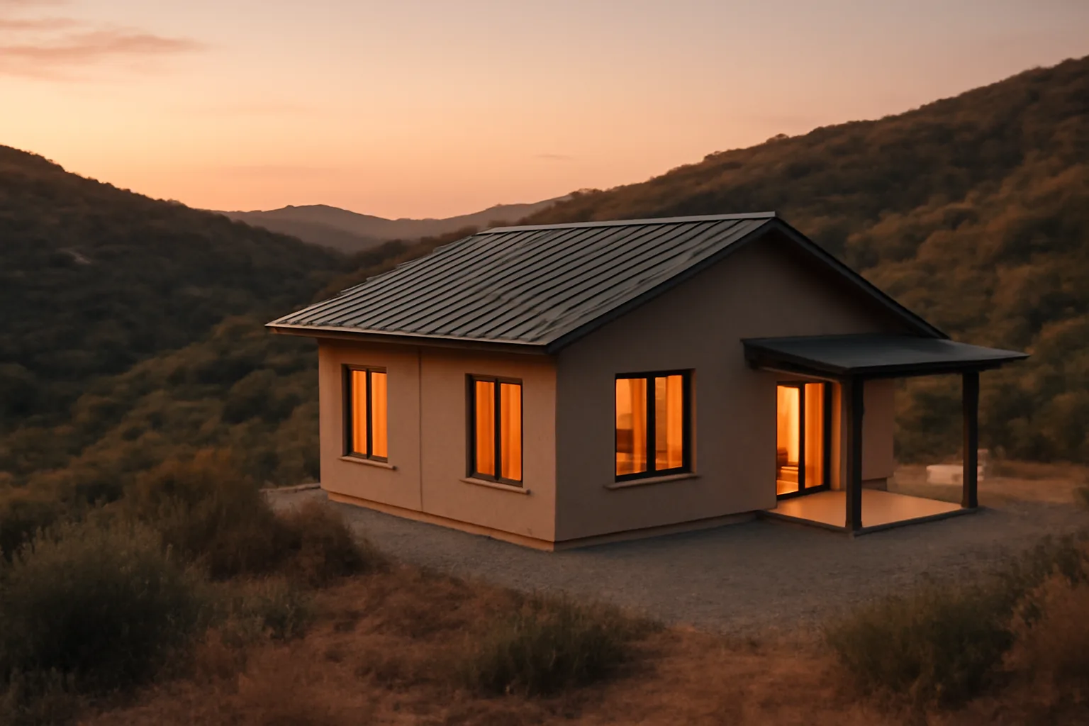 Cleared ember-resistant zone around a hillside home separating it from dry chaparral brush