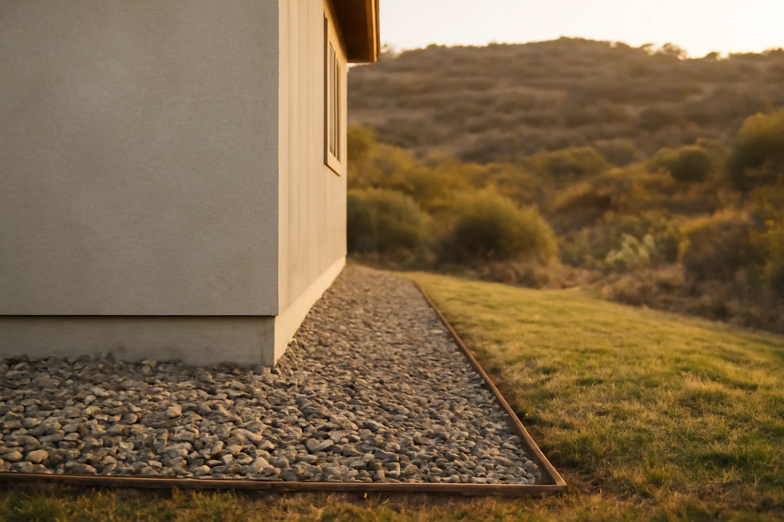 Cleared defensible space zone of gravel and stone between a home's foundation and dry hillside brush