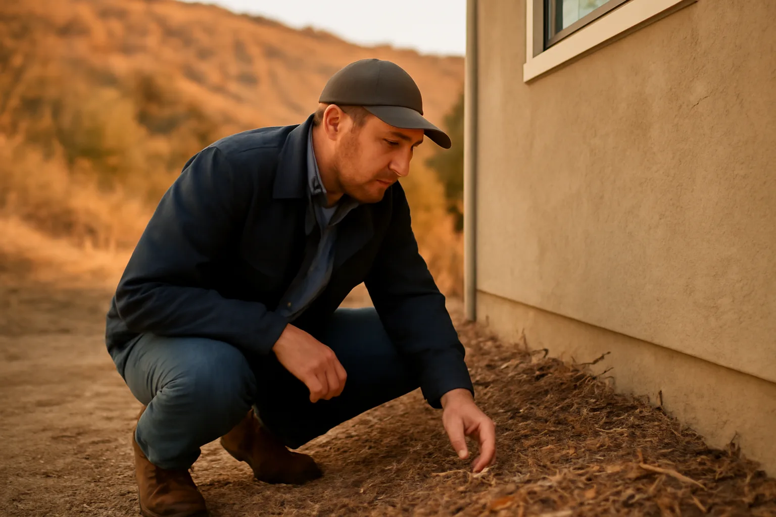 Wildfire consultant inspecting defensible space clearance near a home's foundation