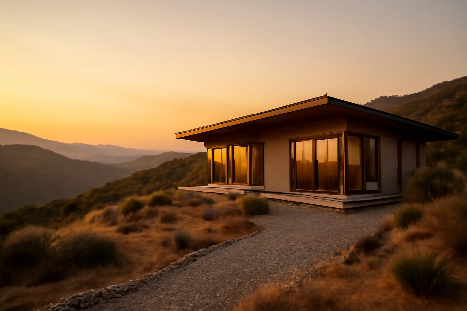 Hillside home with cleared defensible space perimeter against smoky wildfire-prone hills at dusk
