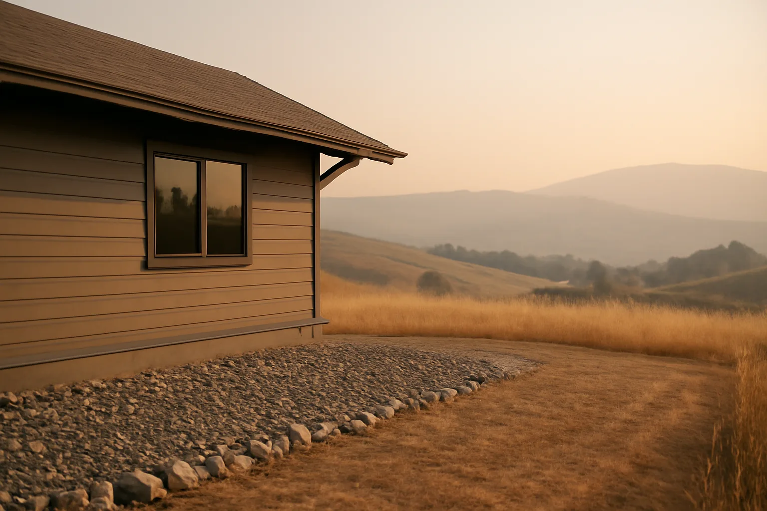 Hillside home with cleared defensible space between the house and dry wildland grass