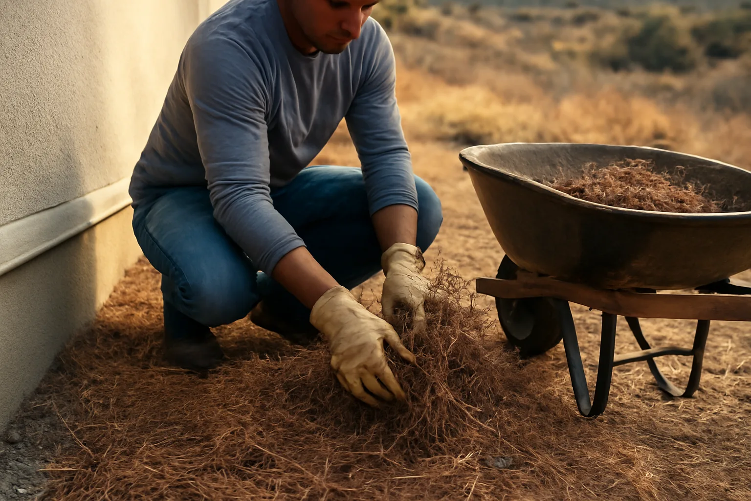 Homeowner clearing mulch near foundation as part of wildfire landscape mitigation planning