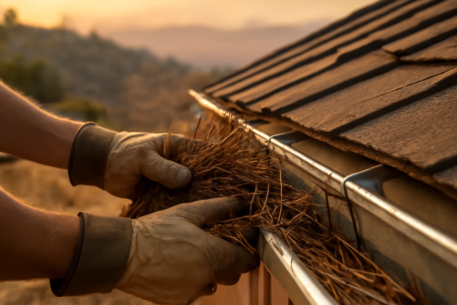 Homeowner clearing gutter debris as part of wildfire management with smoky hills behind