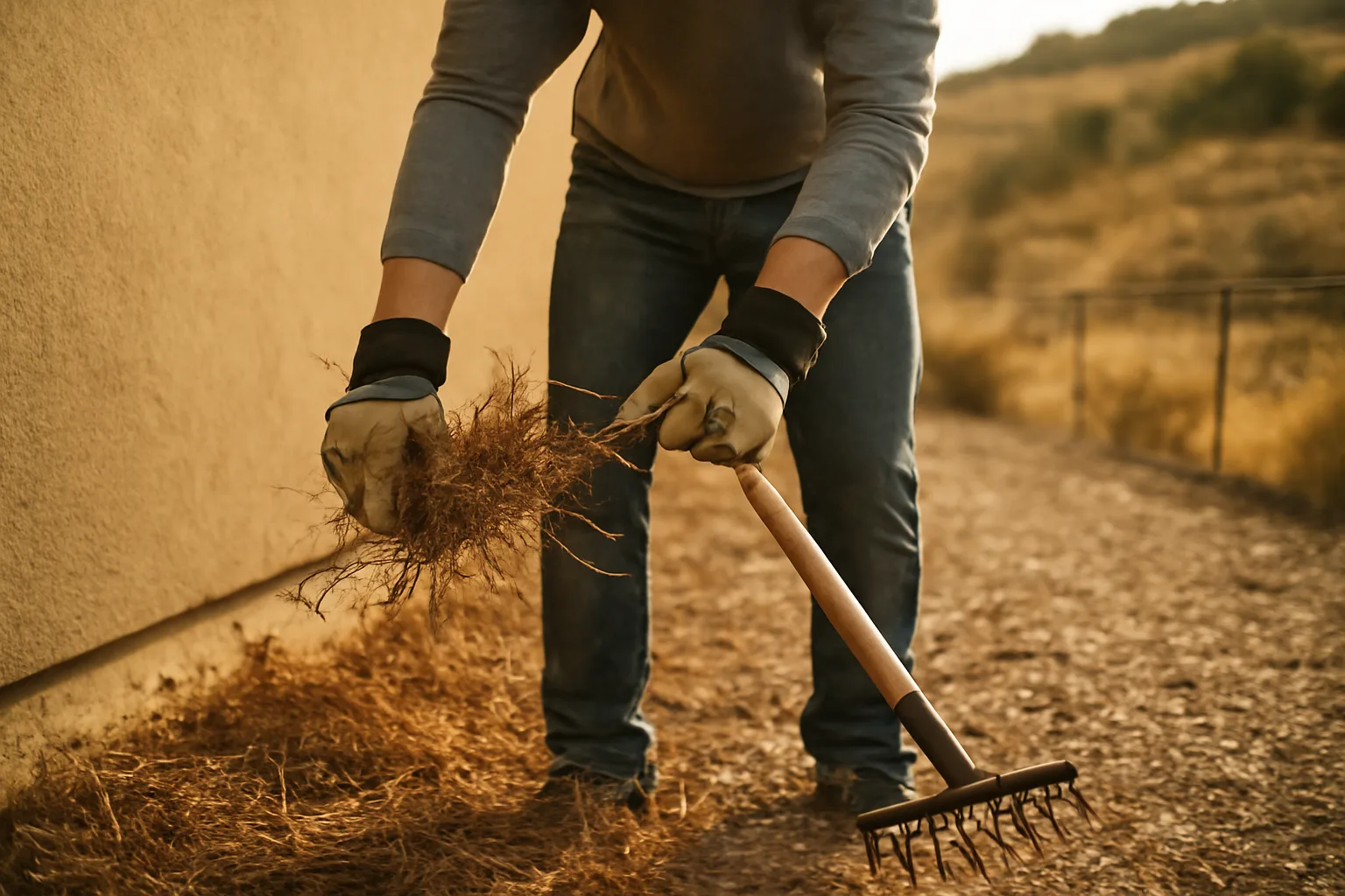 Homeowner clearing brush during a wildfire mitigation job near a house foundation