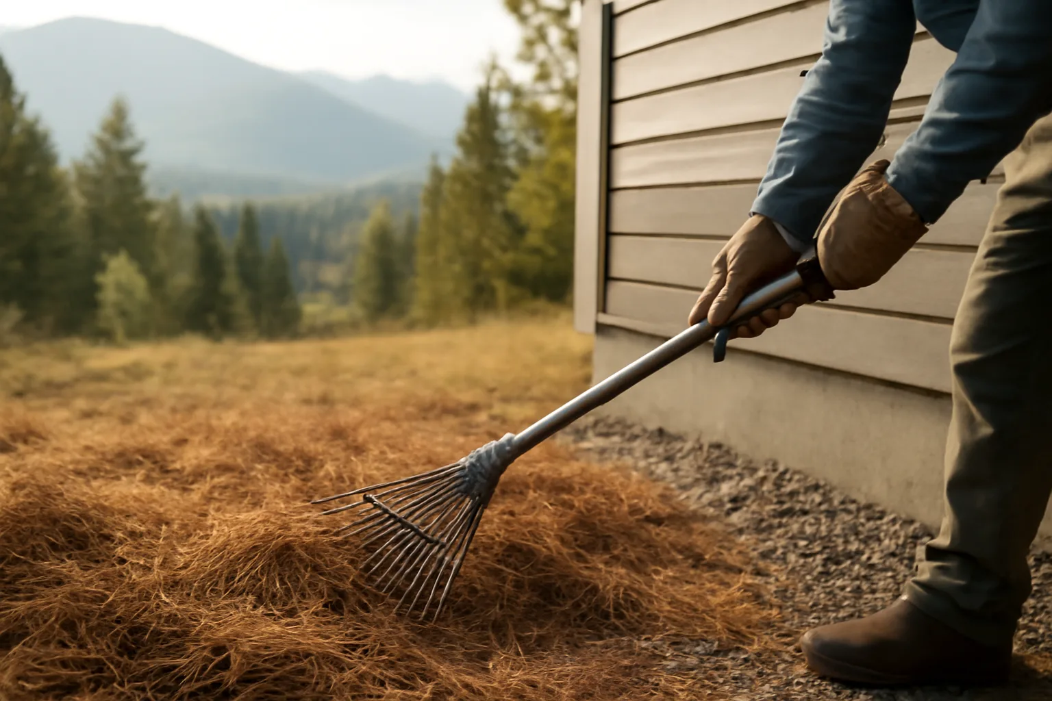 Homeowner clearing pine needles for wildfire mitigation near a Kalispell home