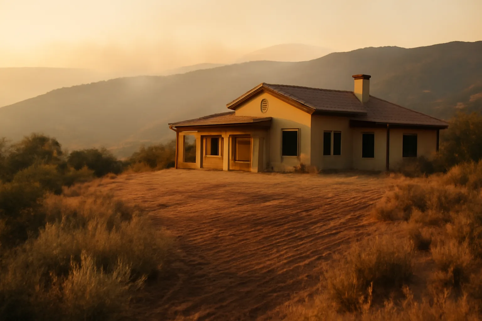 Home with cleared defensible space zone against dry hillside brush at dusk