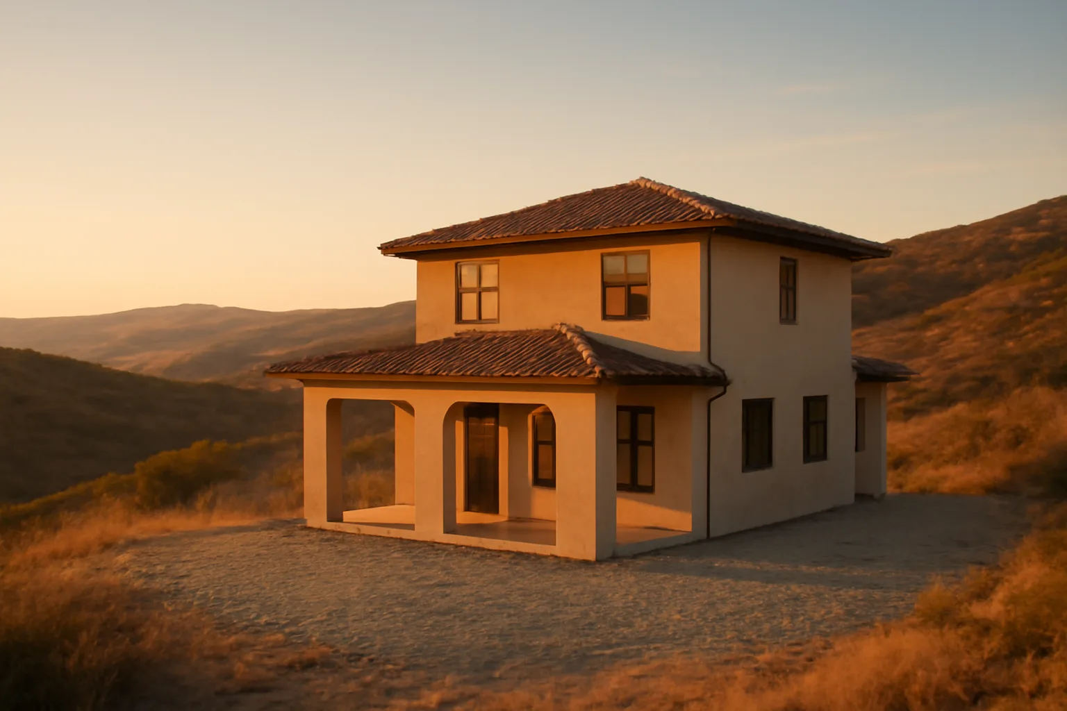Hillside home with cleared gravel buffer zone as wildfire mitigation planning example