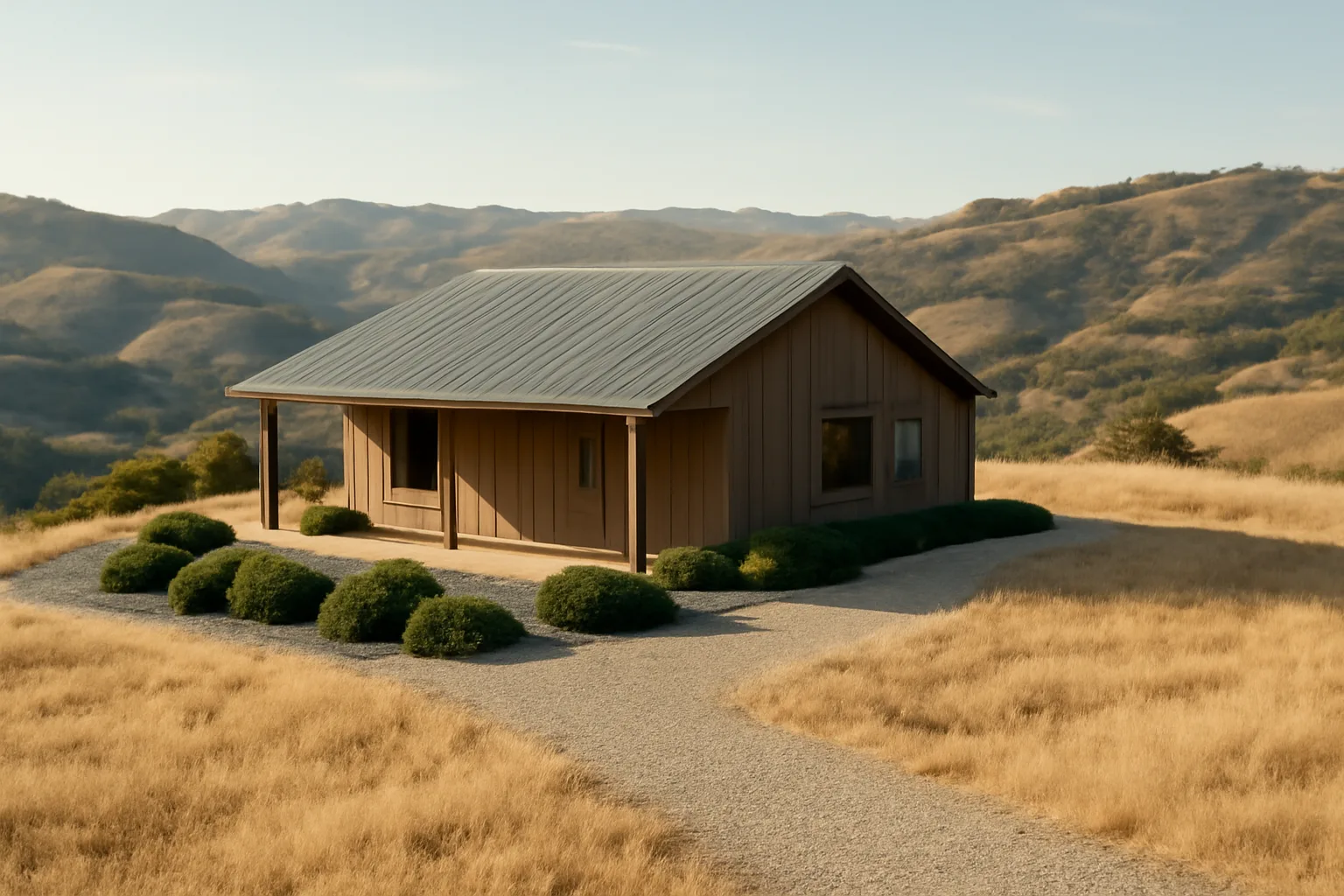 Hillside home with cleared defensible space and metal roof near dry wildland grass