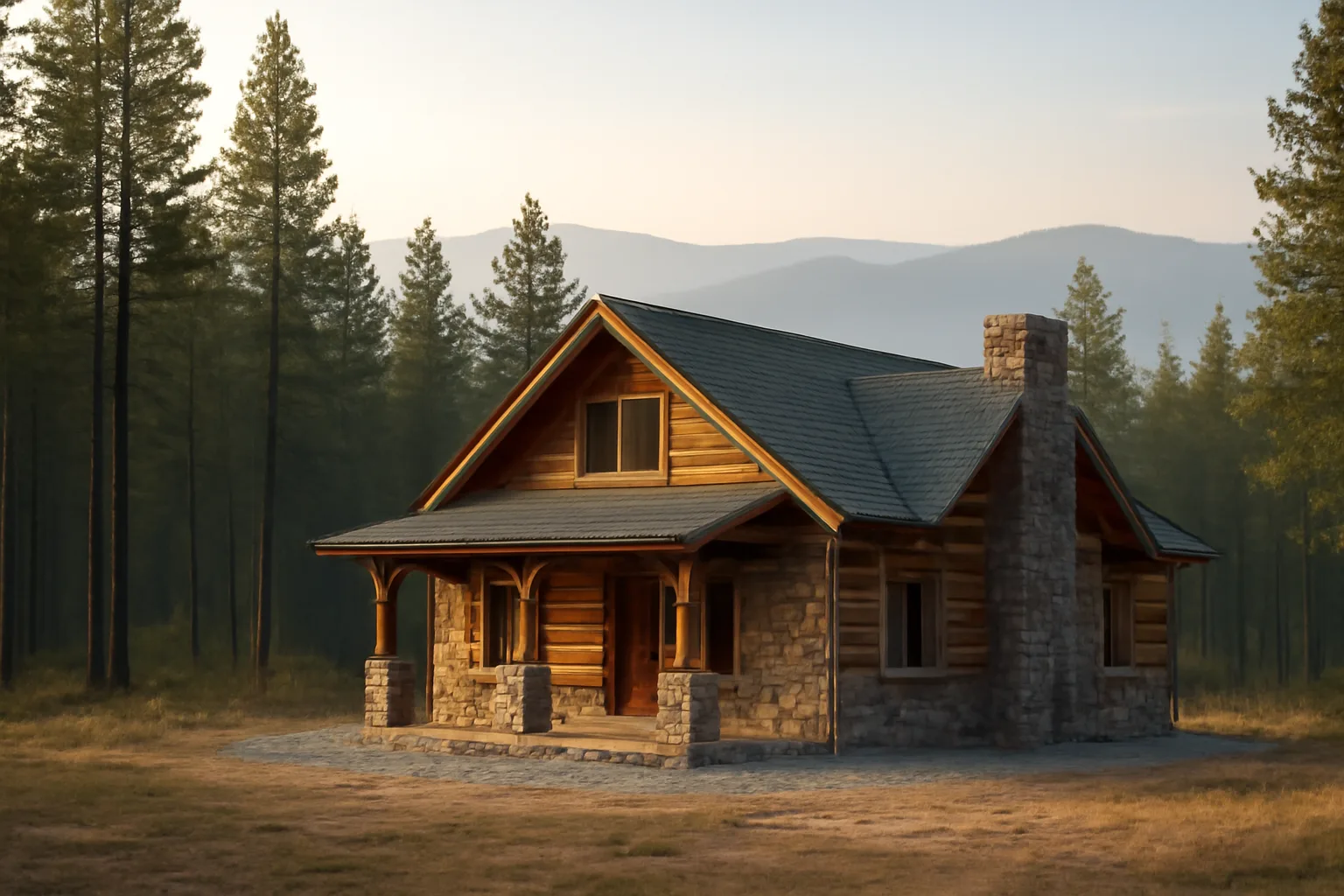 House at forest edge near Rathdrum with cleared defensible space zone around foundation