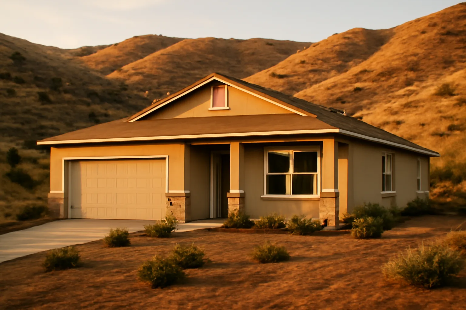 Home with cleared defensible space zone against dry wildland hills at sunset