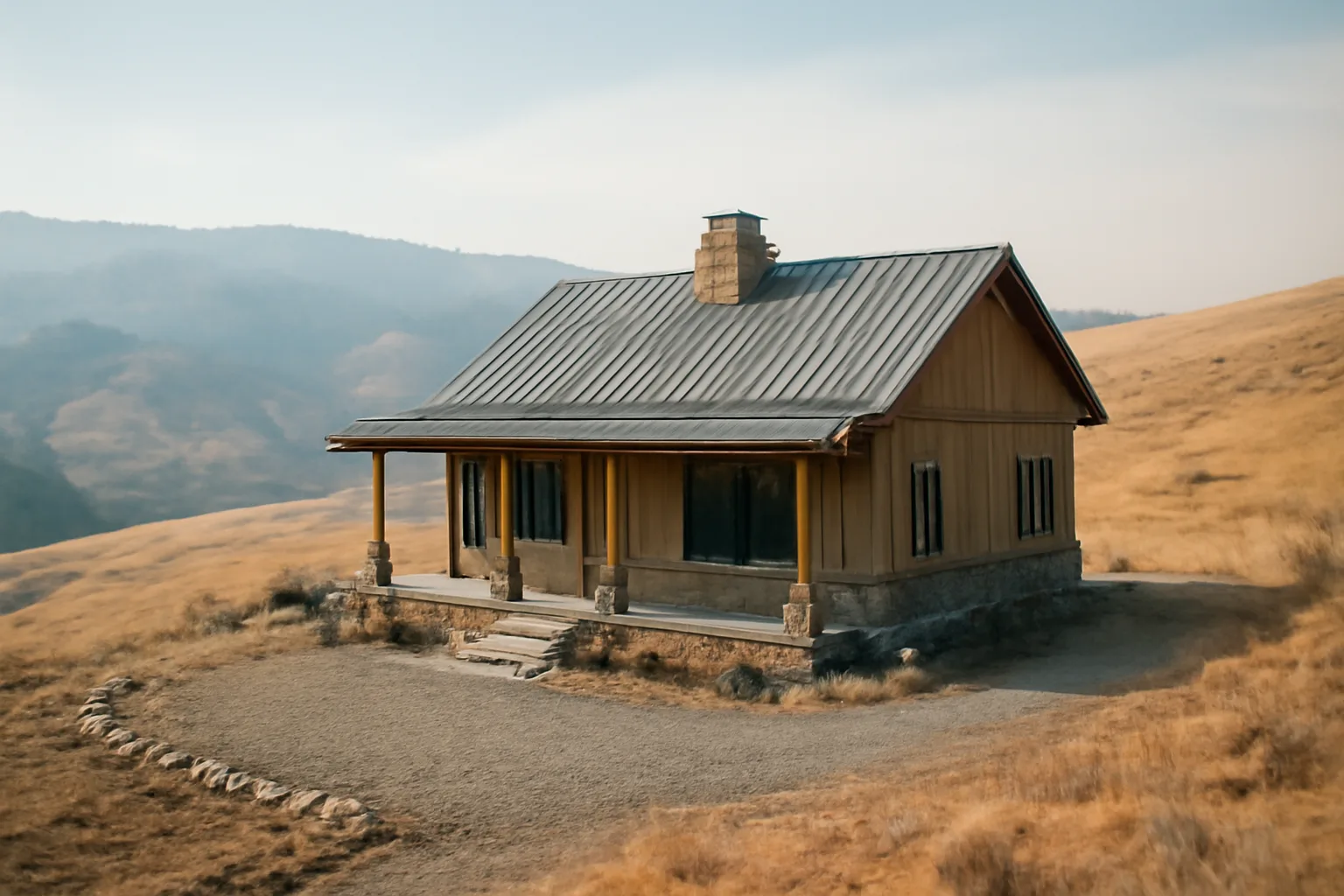Home with cleared defensible space and gravel perimeter against a smoky wildfire hillside