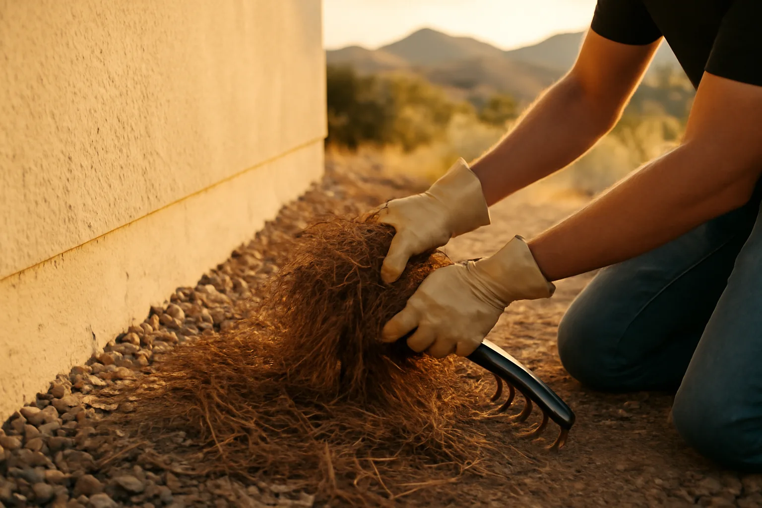 Homeowner clearing pine needles from gravel strip near house foundation in wildfire-prone hills