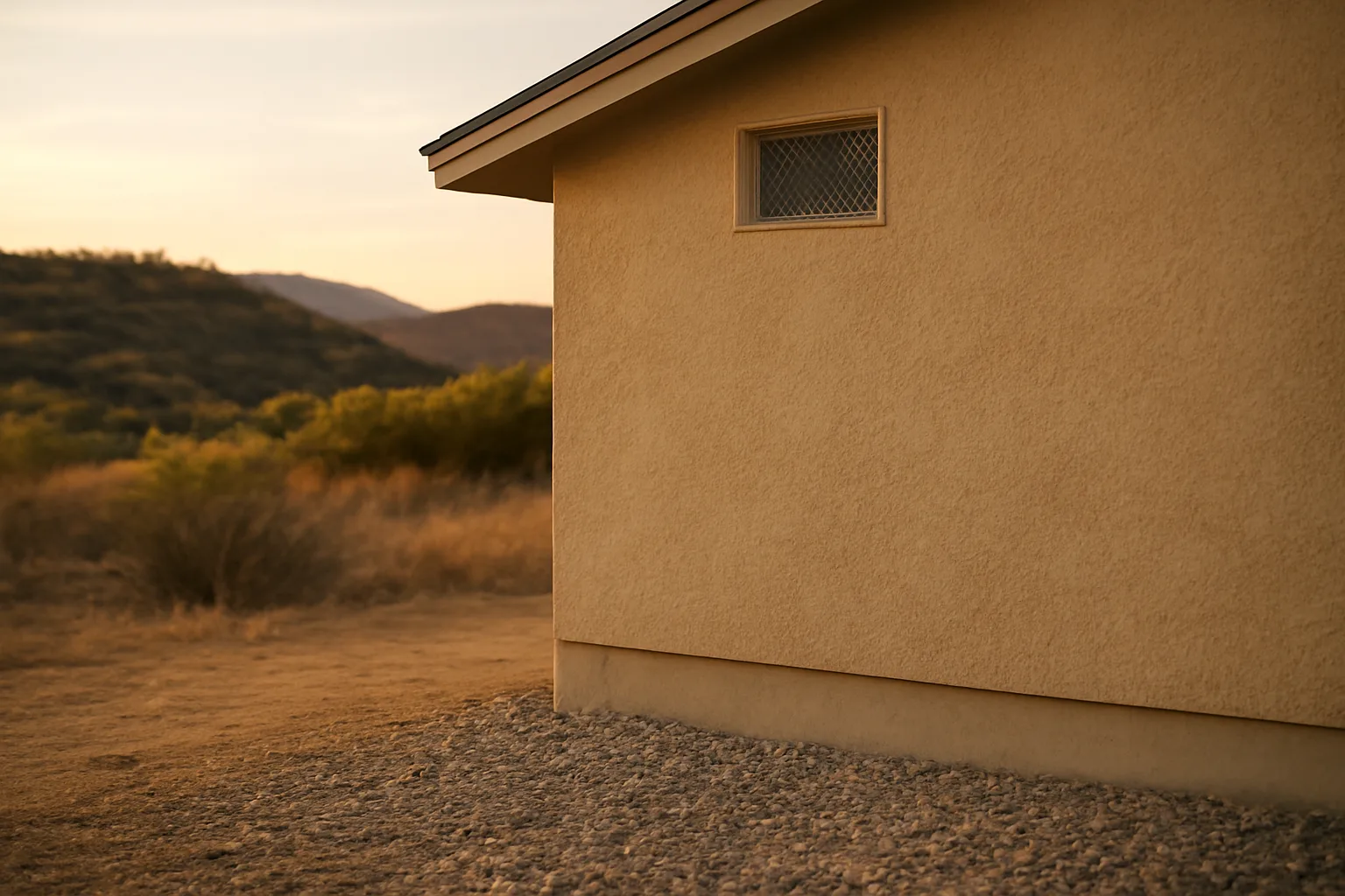 Home foundation with cleared defensible space and ember-resistant vent against wildfire-prone hillside