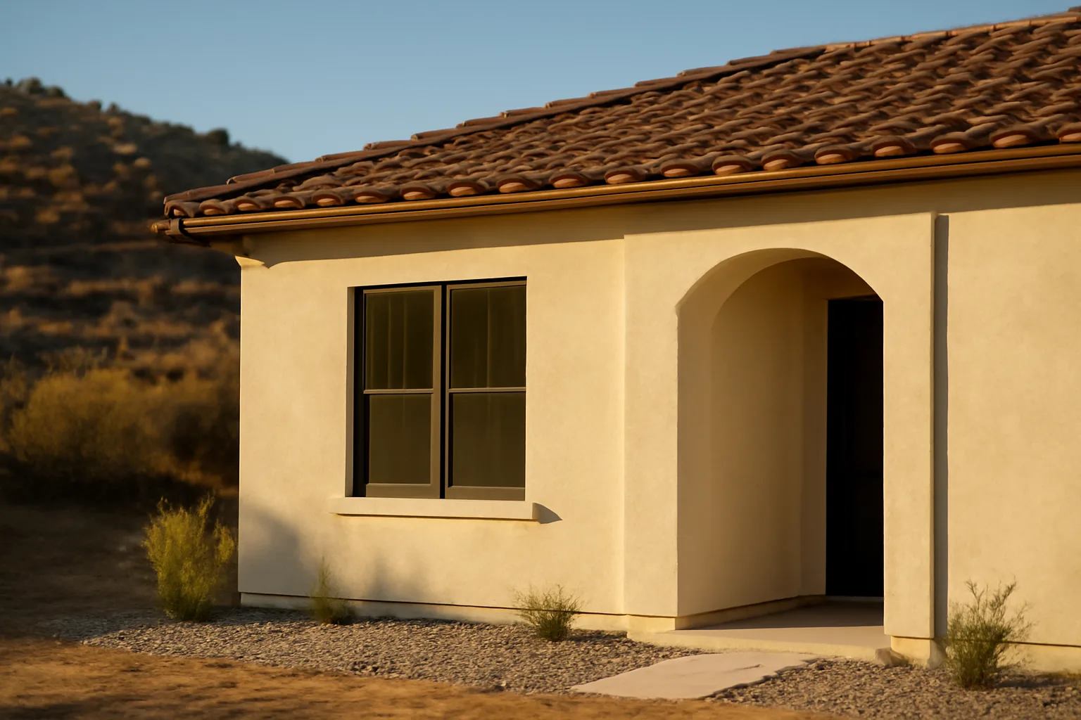 Stucco wildfire resistant home with gravel zone 0 and chaparral hillside behind it