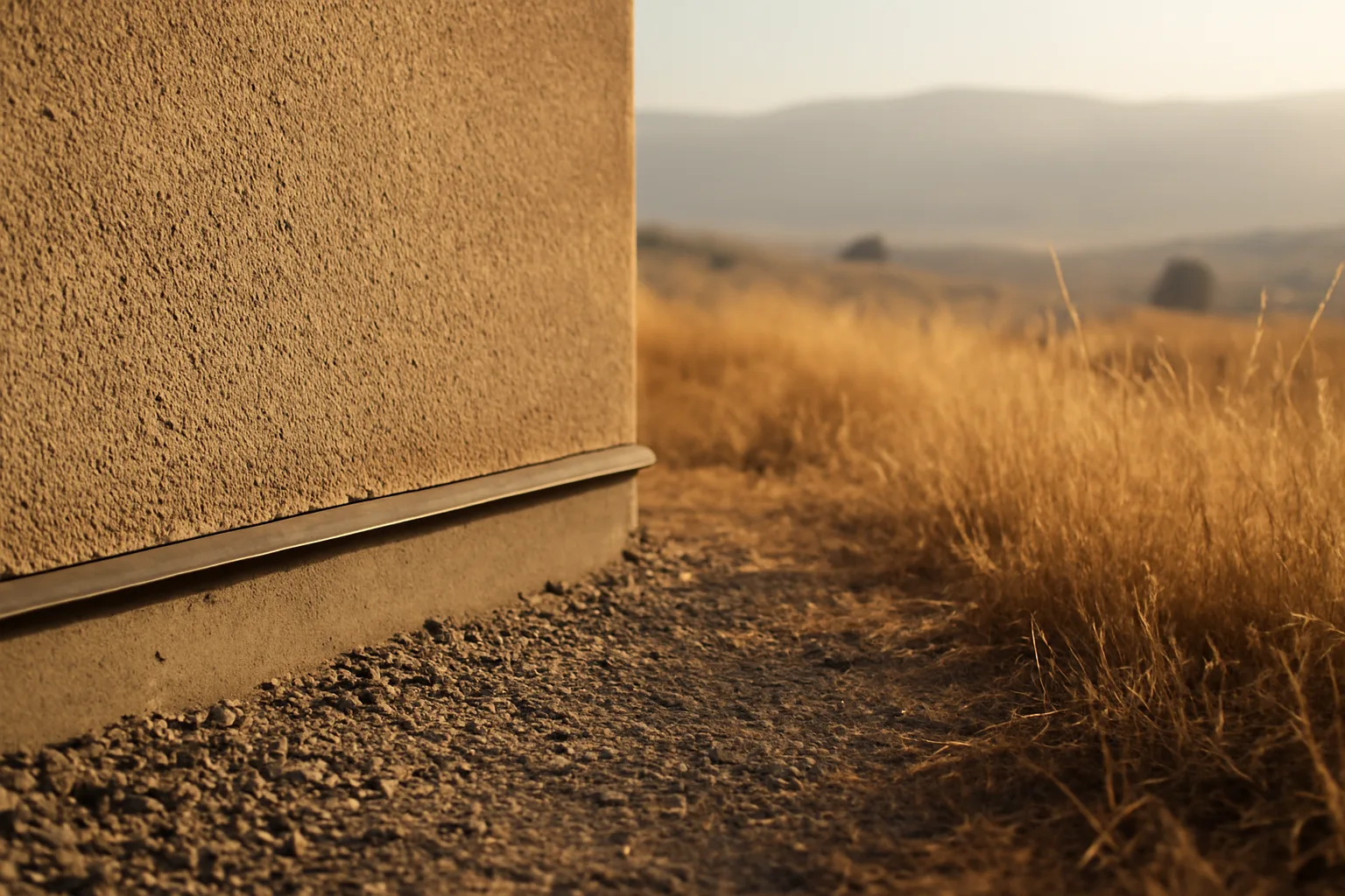 Home foundation edge with gravel zone and metal roofline against smoky hillside, illustrating wildfire mitigation tech