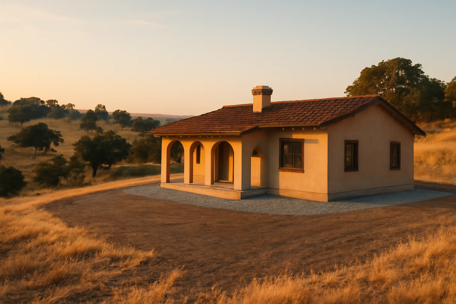 House on a hillside with cleared defensible space separating it from dry wildland vegetation